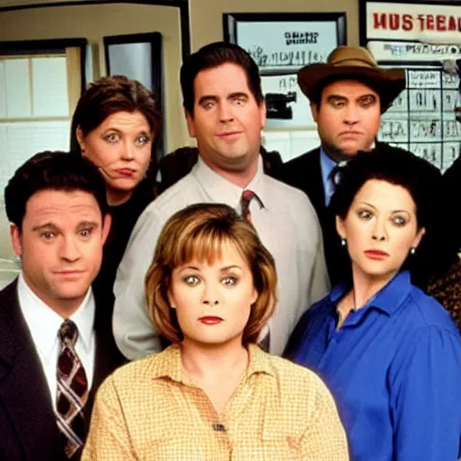 Prompt: the office cast on roseanne tv show, movie still