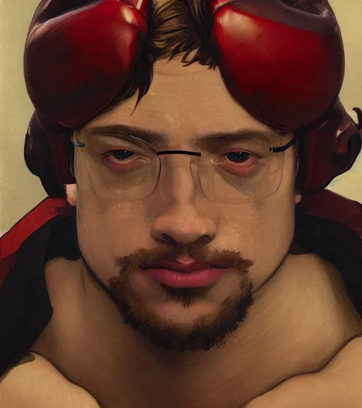 Image similar to Gigachad Sam Hyde ready for battle, boxing stance, wearing big mecha red boxing gloves , sigma male, accurately portrayed, portrait art by alphonse mucha and greg rutkowski, highly detailed, digital painting, concept art, illustration, dim lighting with twilight rays of sunlight, trending on artstation, very detailed, smooth, sharp focus, octane render, close up