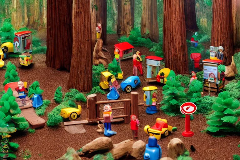 Image similar to fisher price redwood forest, california scene from tv show hyper detailed 5 5 mm 8 5 mm, toy photography, plastic coated