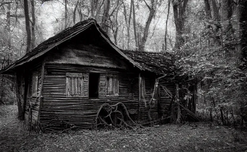 Prompt: old baba yaga house in the tropical wood, pale light, pinhole camera effect, lomography effect, analogue photo quality, monochrome, blur, unfocus