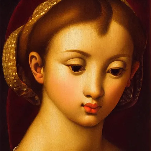 Image similar to Beautiful girl, calm face, closeup, fruits, ultra detailed, Guido Reni style, Raphael style