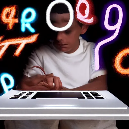 Image similar to male teenager looking at a laptop with bright screen with digital letters floating out, inside a dark room, digital art