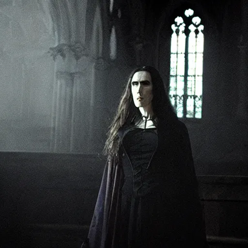 Prompt: jennifer connelly as a vampire in a gothic cathedral at night, gloomy, cinematic, ground mist, volumetric light.