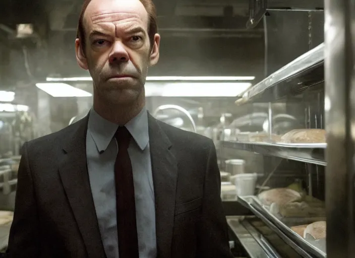 Image similar to film still of hugo weaving as agent smith working in a bakery in the new matrix movie, 4 k