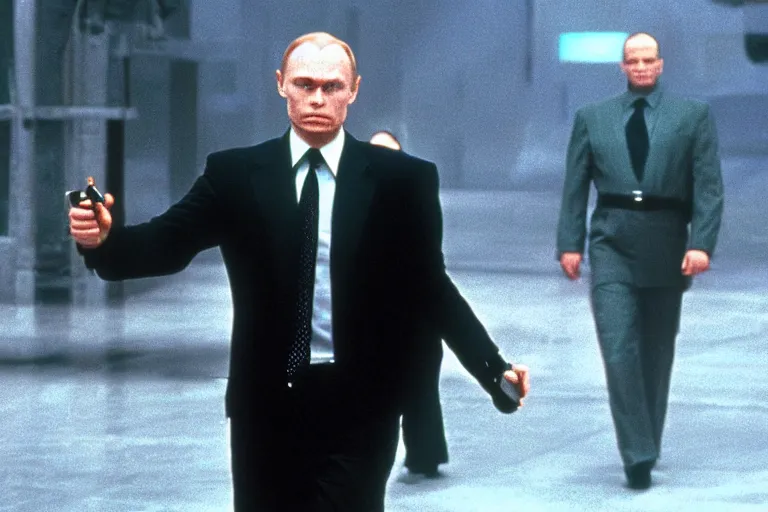 Prompt: film still of Vladimir Putin as agent Smith from the movie The Matrix (1999)