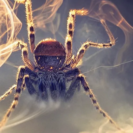 Prompt: an adorable spider exhaling smoke in a smoke filled room, comic art, ultra high resolution, high detail, particle reflections, surface reflections, poster, 1972, glowing eyes, smoke filled room