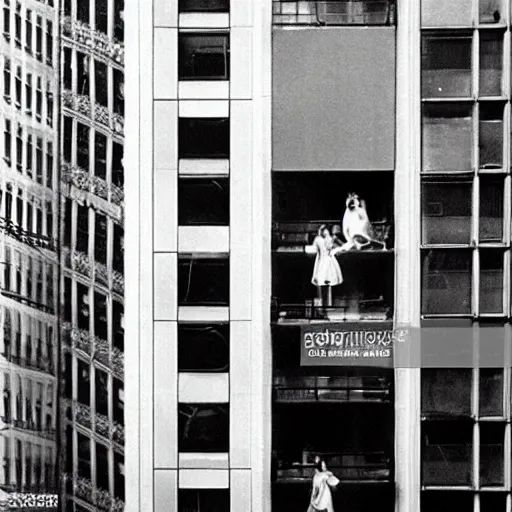 Prompt: 'Girls in the Windows', a photo taken by Ormond Gigli on New York’s East 58th Street in 1960. The building was knocked down the next day.