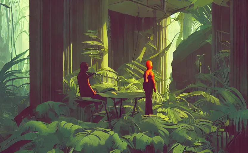 Image similar to inside jungle, very coherent, painted by Edward Hopper, Wayne Barlowe, painted by James Gilleard, airbrush, art by JamesJean