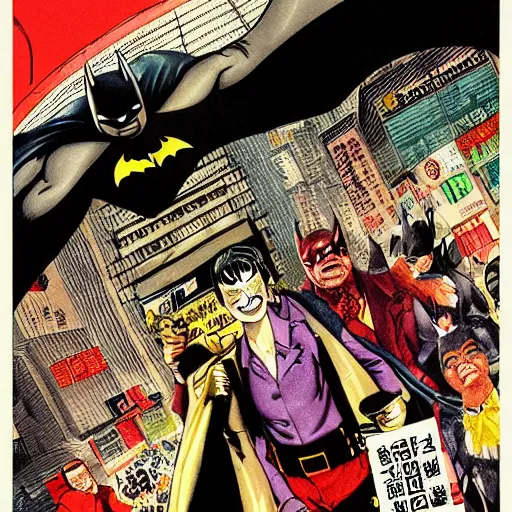 Prompt: glossy old advertising poster, batman walking through crowded hong kong street, vendors, joker!!!, drawn comic by junji ito, pastels, gradient