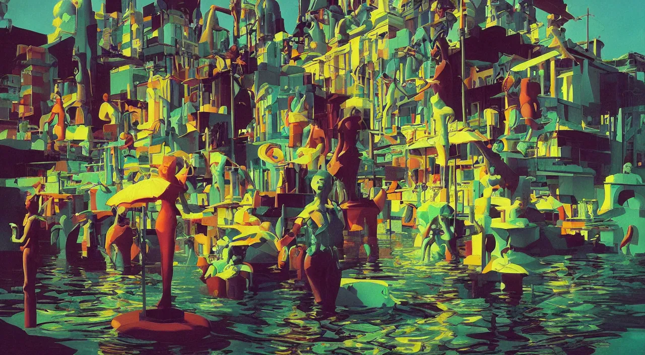 Image similar to flooded colorful surreal statue, very coherent high contrast!! painting by stalenhag spitzweg magritte syd mead norman rockwell edward hopper james gilleard, dark shadows, sunny day, triadic color scheme, hard lighting, masterpiece