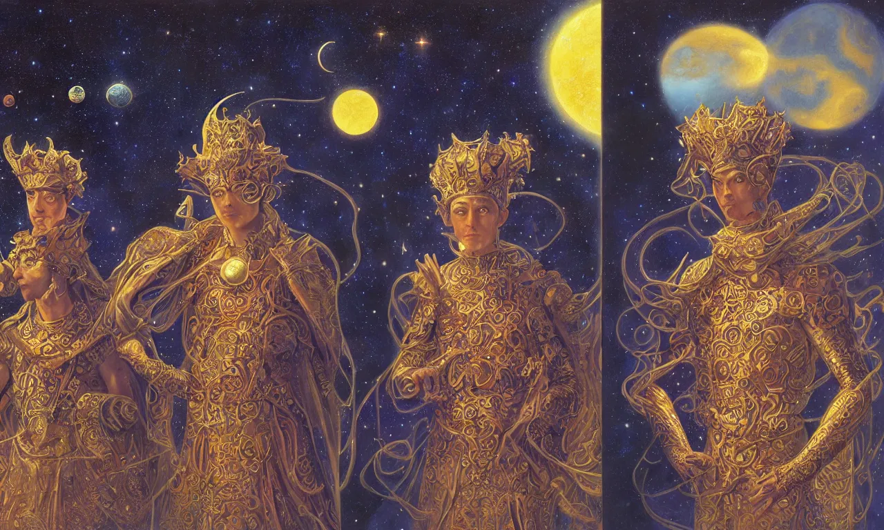 Image similar to sun king and moon prince in the cosmic court of mystical astronomy, art by james c. christensen and gerald brom