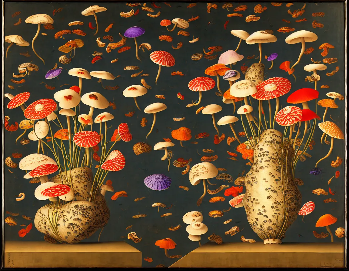 Prompt: vase of mushroom in a cloudy sky decorated with a dense field of stylized scrolls that have opaque purple outlines, with mutant koi fishes and sponges, ambrosius benson, oil on canvas, hyperrealism, light color, no hard shadow, around the edges there are no objects