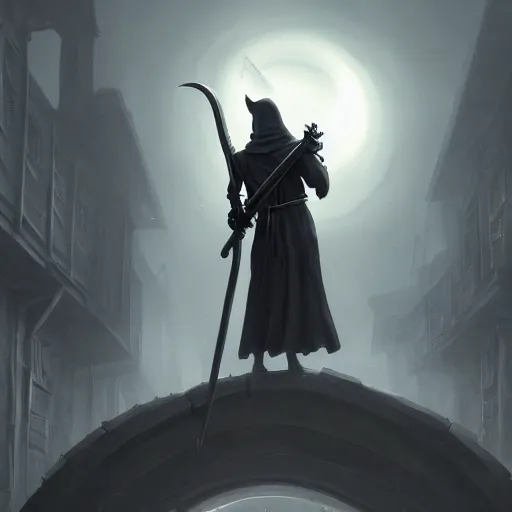 Image similar to Back view of the Grim Reaper with a large scythe standing in a medieval town at night, fantasy art, octane render, trending on artstation, art by greg rutkowski