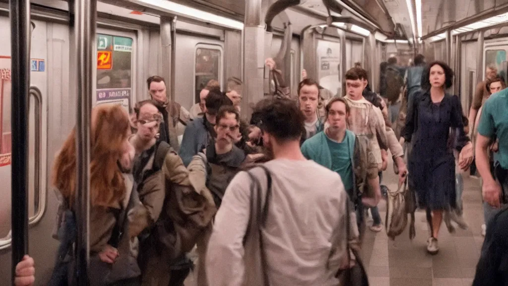 Prompt: an high quality still from an a 2 4 horror movie about riding the subway at night directed by ari aster