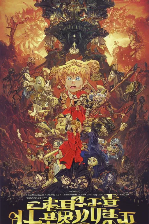 Image similar to Movie poster of Ghouls and Ghosts, Highly Detailed, Dramatic, A master piece of storytelling, wide angle, cinematic shot, highly detailed, cinematic lighting, by ilya repin + Hideaki Anno + Katsuhiro Otomo +Rumiko Takahashi, 8k, hd, high resolution print