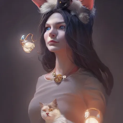 Prompt: Portrait of a woman dressed as a cat making magic, fantasy, D&D, intricate, cinematic lighting, highly detailed, digital painting, artstation, concept art, smooth, sharp focus, illustration, art by Artgerm and Greg Rutkowski, Cgsociety