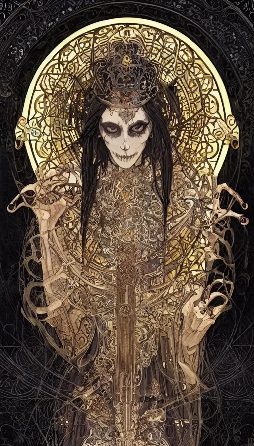 Image similar to a skeleton in a black cloak, highly detailed, very intricate, art nouveau, gold filigree, left right symmetry, tarot concept art watercolor illustration by mandy jurgens and alphonse mucha and alena aenami, featured on artstation