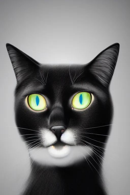 Image similar to portrait of a black cat, white background, studio lighting, photorealistic, octane, Unreal Engine, finalRender, concept art, digital illustration, artstation, artstation hq, hd, 4k resolution