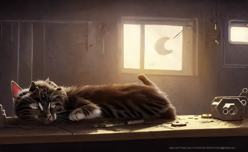 Image similar to a cat sleeping on a mechanics workbench, space opera and dystopian style, d & d, fantasy concept art, global illumination, interesting composition, volumetric lighting, art by enki bilial, highly detailed