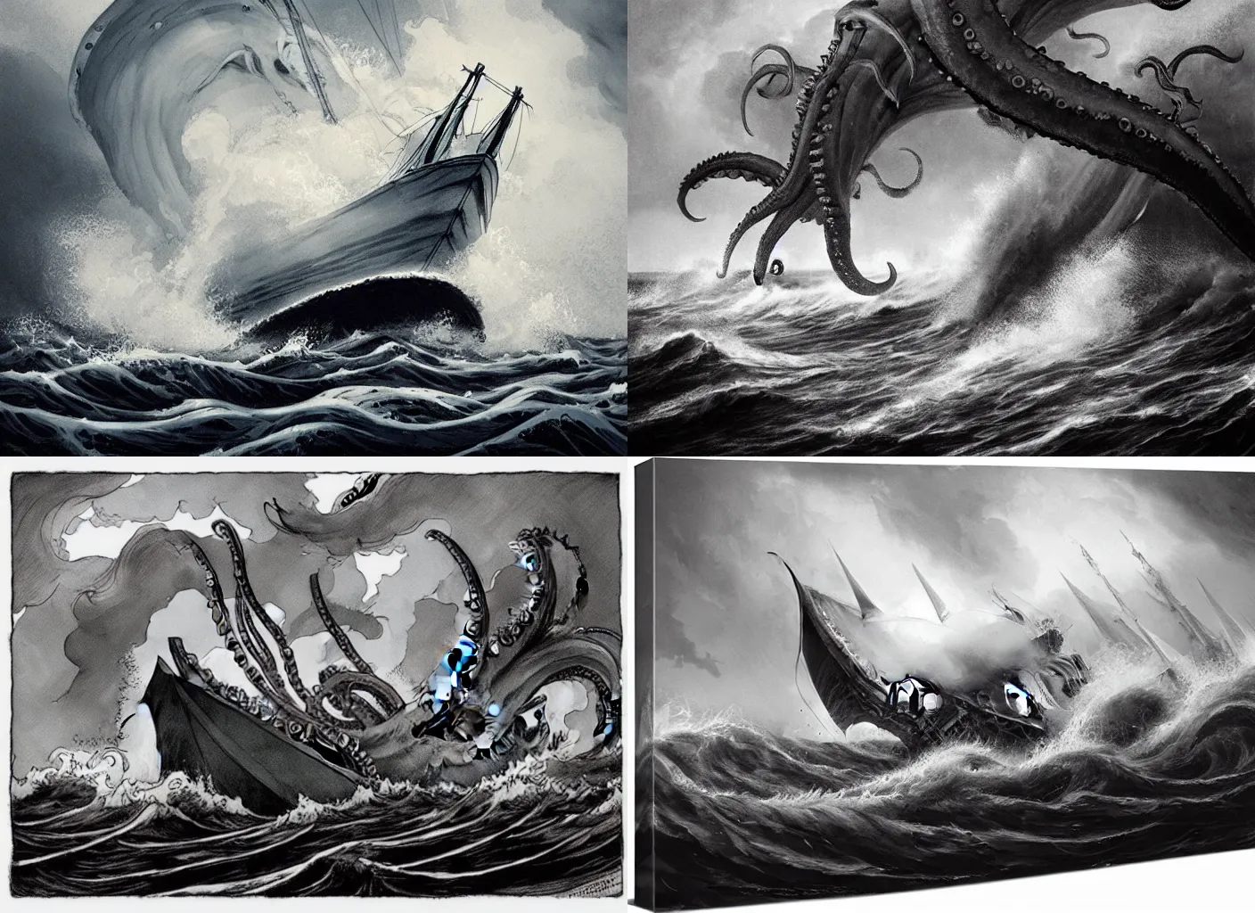 Prompt: in the style of Abigail Larson, kraken attacking a large ship, tentacles wrapped around boat, crew panicking, rough waters, overcast, large waves, stormy seas