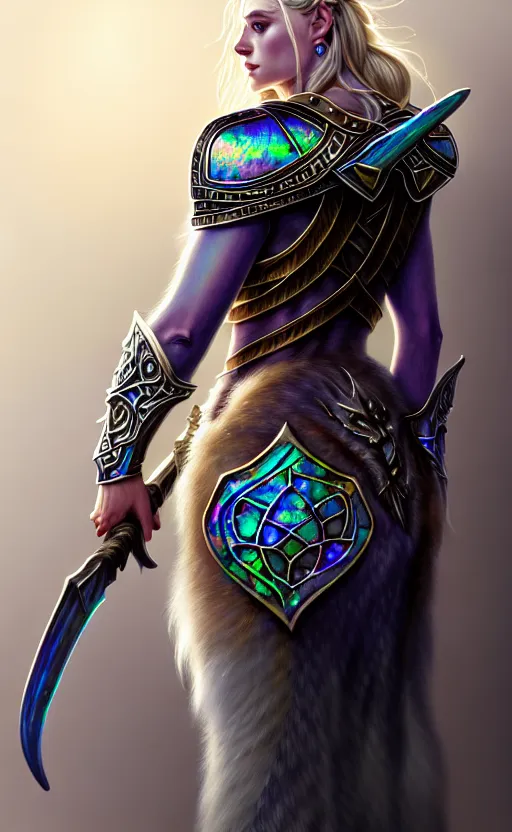 Image similar to iridescent opal viking warrior, wolf armor, winter, morandi color scheme, hd, illustration, epic, d & d, fantasy, intricate, elegant, highly detailed, wide angle, digital painting, artstation, concept art, smooth, sharp focus, illustration, wallpaper, art by artgerm and greg rutkowski and alphonse mucha and jin xiaodi