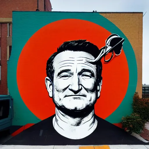 Image similar to robin williams street art mural by sachin teng x obey x supreme : 1 high contrast, hard edges, matte painting, geometric shapes, marijuana, masterpiece : 1