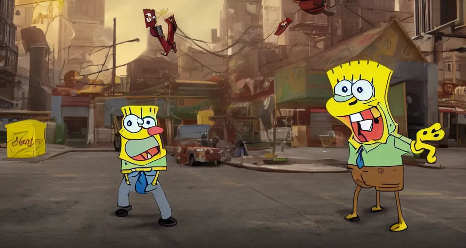 Image similar to spongebob as duke nukem, action movie poster, unreal engine, very detailed render