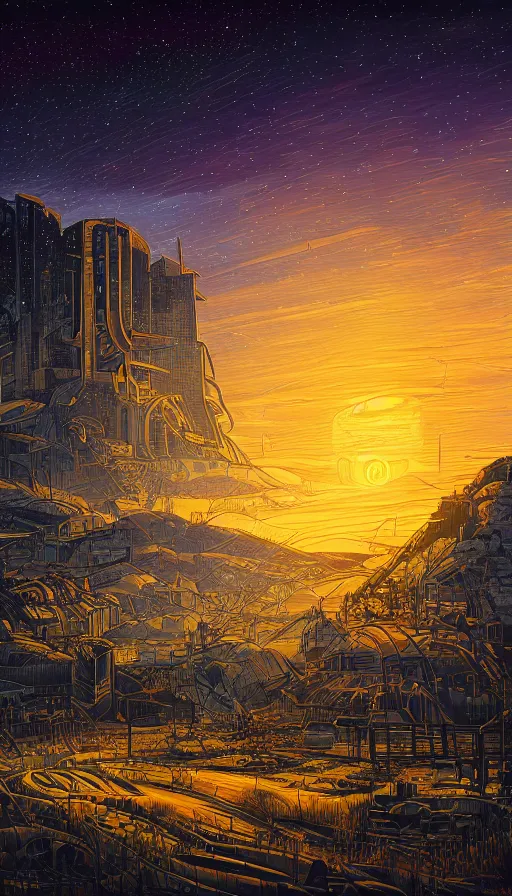 Prompt: The abandoned lands of the city under starlit sky at sunset, futurism, da vinci, Dan Mumford, Josan Gonzalez