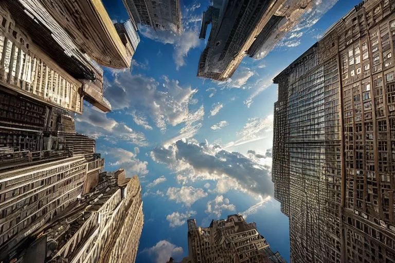 Prompt: beautiful city photography of new york, wide angle, marc adamus, looking up, buildings