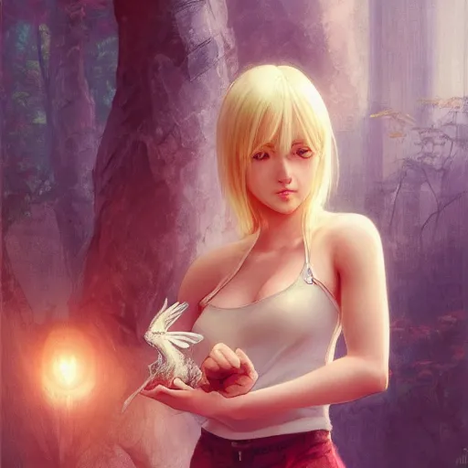 Image similar to A Beautiful young blond woman , holding a small dragon || VERY ANIME, fine-face, realistic shaded perfect face, fine details. Anime. realistic shaded lighting poster by Ilya Kuvshinov katsuhiro otomo ghost-in-the-shell, magali villeneuve, artgerm, Jeremy Lipkin and Michael Garmash, Rob Rey and Kentarõ Miura style, trending on art station