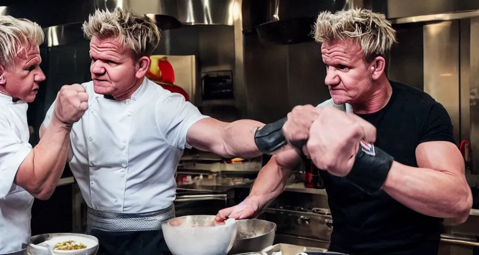 Image similar to photo of angry furious Gordon Ramsay punching Gordon Ramsay at the kitchen