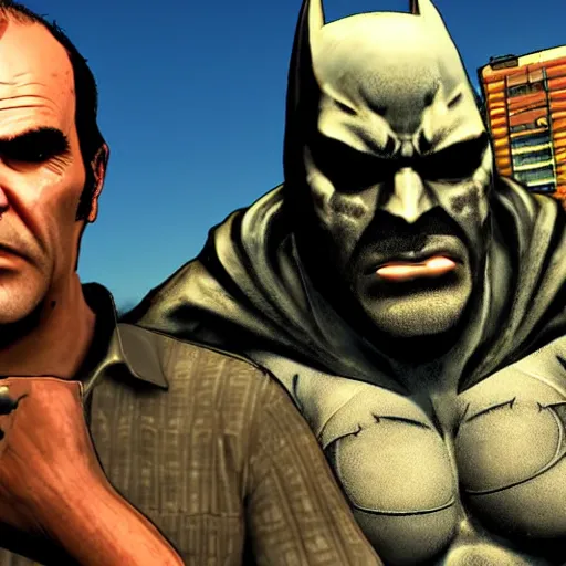 Image similar to trevor philips ( gta 5 ) as batman, town of sandy shores ( gta 5 ) in background