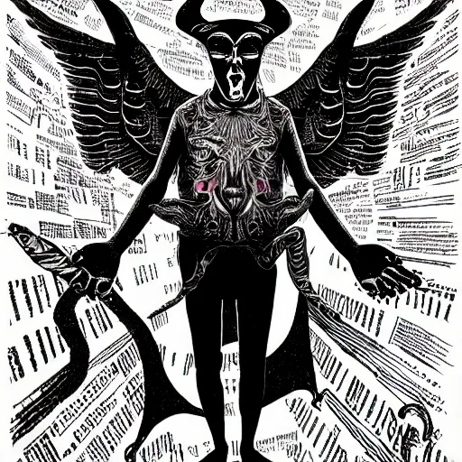 Image similar to graphic illustration, creative design, baphomet with aleister crowley, biopunk, francis bacon, highly detailed, hunter s thompson, mixed media