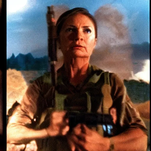 Image similar to film still, extreme far view, hillary clinton vietnam door gunner, film still from apocalypse now ( 1 9 7 9 ), 2 6 mm, kodak ektachrome, blue tint expired film