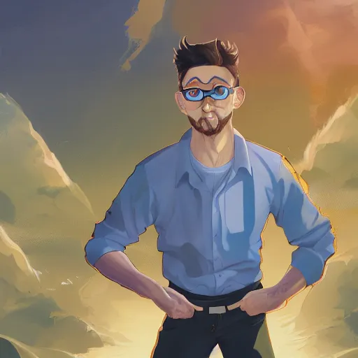 Prompt: Athletic Man in his 30s, dark blond and salt-and-pepper hair with a short beard, thick dark glasses, blue eyes, big nose, wearing stripe shirt, jean and multicolor shoes, digital painting, 4k, anime key visual, rays of light, artstation, kuvshinov ilya, landscape by Noah Bradley