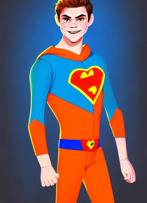 Image similar to friendly teenage archie andrews wearing an orange superhero costume with heart logo, heart, freckles, blue cape, heart emblem on chest, blue cape, intricate, elegant, glowing lights, highly detailed, digital painting, artstation, sharp focus, illustration, art by wlop, mars ravelo and greg rutkowski