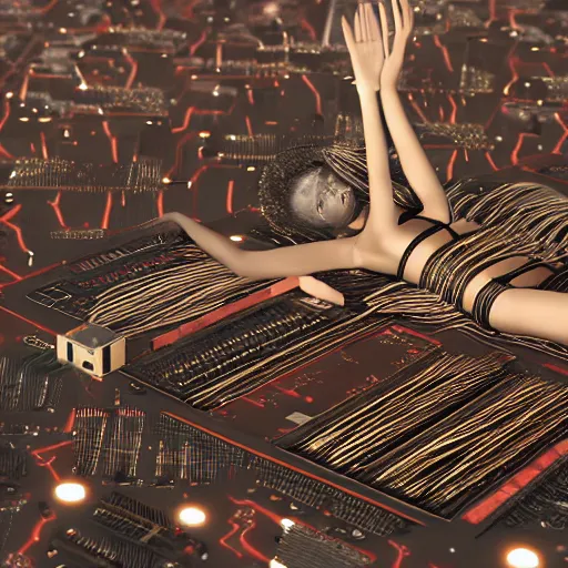 Prompt: tapping in to something greater, piles of modular synth cables, goddess laying down wearing a headpiece made of circuit boards in a photo shoot for balenziaga, wlop, stanley kubrick, masamune, hideki anno, unique perspective, eastman color, perfect details, trending on artstation, 3 d render, smooth render