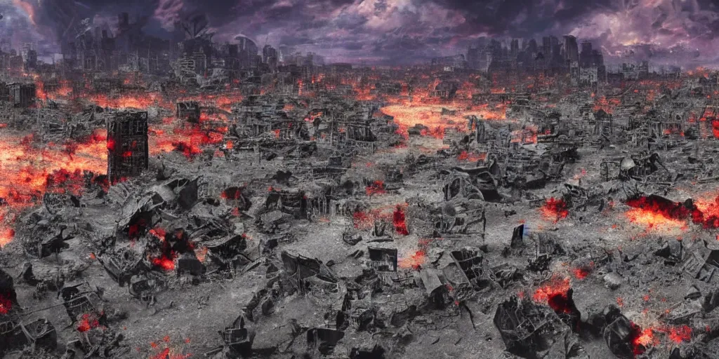 Image similar to a vast destroyed city after a battle with a dark red sky