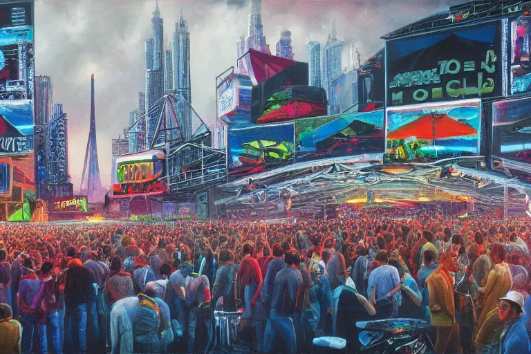 Image similar to 4 k hyper realistic oil painting of 1 9 8 0 s city at amn electronic music festival, rave, huge stage booming hard techno music, detailed painting in the style of axel aabrink