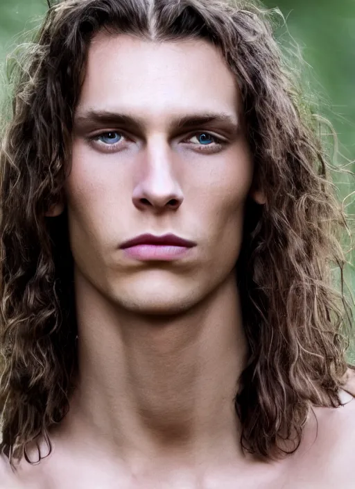 Image similar to a very skinny young Tarzan close-up portrait of young white male, with long dark brown slicked back hair shoulder length