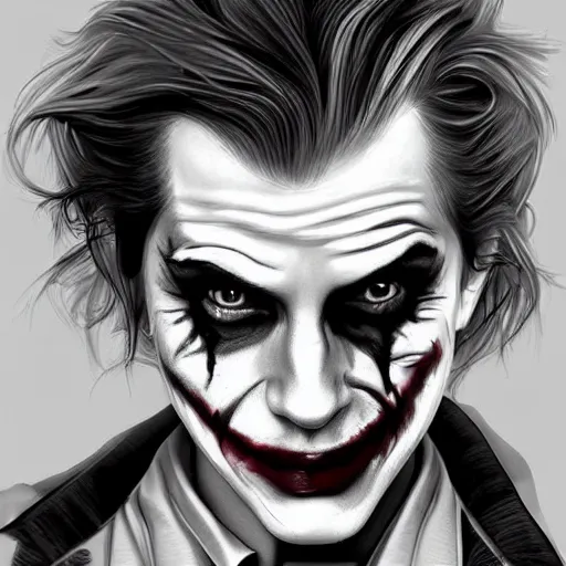 Image similar to Emma Watson as The Joker, highly detailed, realistic face, digital art