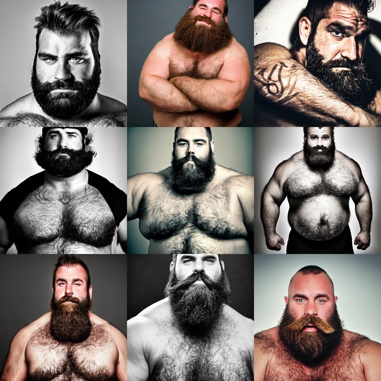 Prompt: portrait of a very burly and very hairy man with thick muscles and a thick beard oozing masculinity, photography