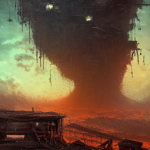 Image similar to a dark foreboding landscape where one single tree grows, amidst broken metal machines, with the sky on fire. Gustave Dore, ponyo and artrift, trending on artstation, cyberpunk, CGSociety, hyperealism, extremely detailed landscape art, 3d render, 4k hd, depth of field, super high def, IMAX.