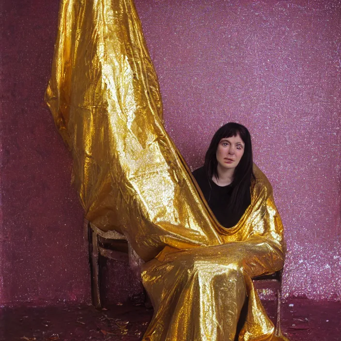 Image similar to a color photograph, closeup portrait of a woman wrapped in a gold mylar foil blanket, sitting on a throne in an abandoned coffee shop, color photograph, by vincent desiderio, canon eos c 3 0 0, ƒ 1. 8, 3 5 mm, 8 k, medium - format print