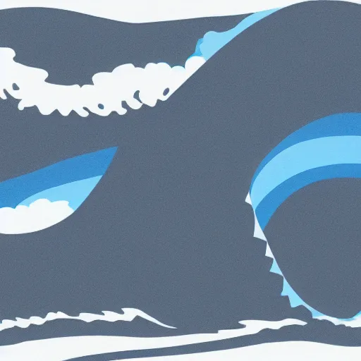 Image similar to a blue water wave in the silhouette shape of Godzilla, cartoon drawing