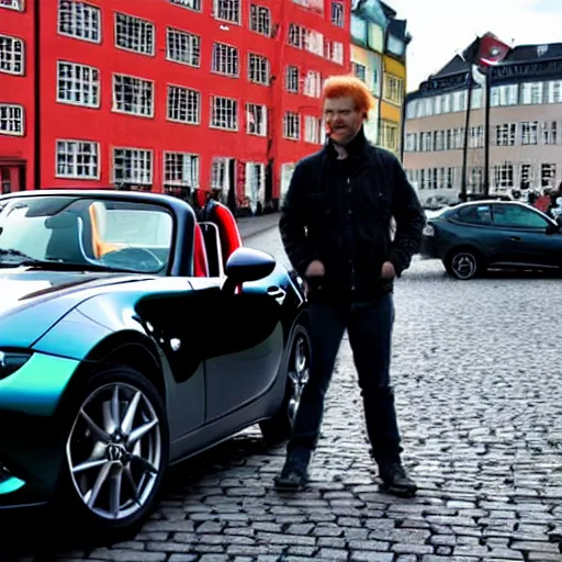 Image similar to a red haired danish man drives a mazda mx-5 down a street in copenhagen