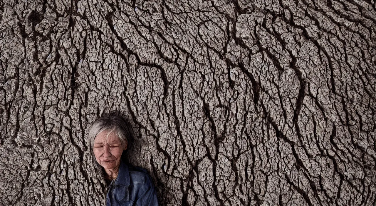 Image similar to close-up of a 65-year-old Gaia, crying emotionless, facing the camera and standing in front of a dried up river in a desolate land, dead trees, blue sky, hot and sunny, highly-detailed, elegant, dramatic lighting, artstation, 4k, cinematic landscape, photograph by Elisabeth Gadd