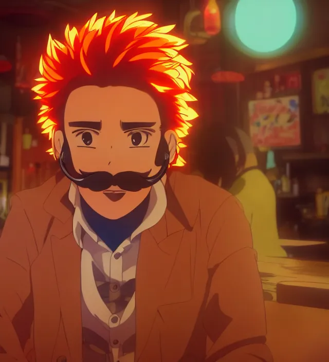 Image similar to close - up anime still of ( ( charming!!!!! latino middle - aged anime protagonist with curly afro and moustache!!! tilting his head charmingly ) late night in an anime bar, cozy lights, detailed orange atmosphere. cinematic rim lighting, global illumination, trending on artstation, hypdertailed, perfect shading, dreamy, masterpiece