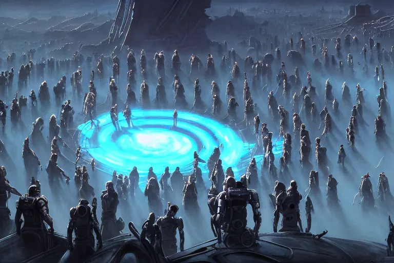 Prompt: high angle view of a crowd of androids walking in a line along a spiral path towards an ancient alien portal, pilgrimage, in mad max style, stargate, coriolios rpg art style, full of details, dark sci - fi, cold blue colors, matte painting, artstation, 8 k, hyperrealistic, style of peter mohrbacher