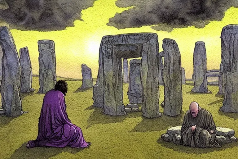 Prompt: a realistic and atmospheric watercolour fantasy concept art of a ufo landing in a floating stonehenge. one dirty medieval monk in grey robes is on his knees praying to the ufo. muted colors. by rebecca guay, michael kaluta, charles vess and jean moebius giraud